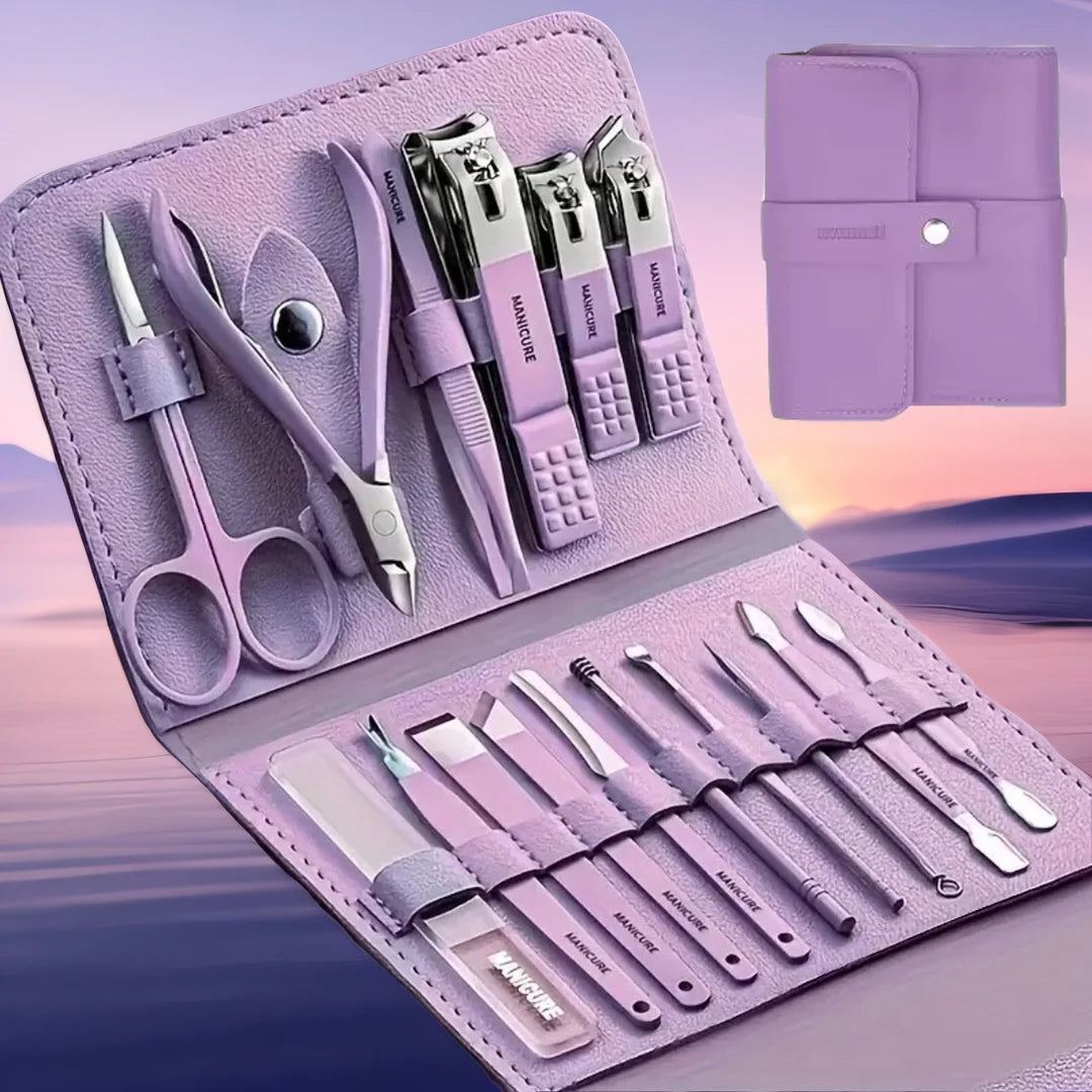 16pcs Home Multi-functional Purple Stainless Steel Manicure Kit - Modern Style Nail Clipper Kit with Straight Edge File, Ear Sco