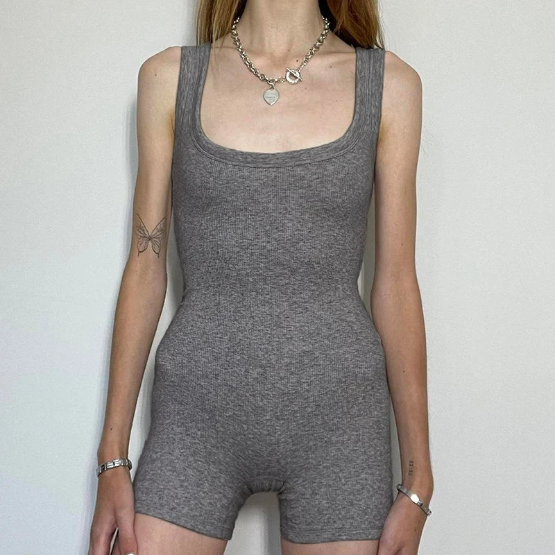 BIIKPIIK Solid Square Collar Women Rompers Casual Sleeveless Knit Playsuits Sporty Jogging Slim Fit Overalls Body-shaping Summer