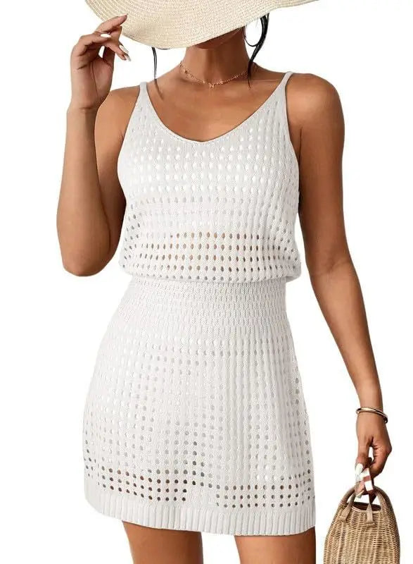Summer Hollow Out Knitting Mini Spaghetti Strap Dresses Women Sexy V-neck Backless Vacation Beach Dress Casual Beachwear Vestido