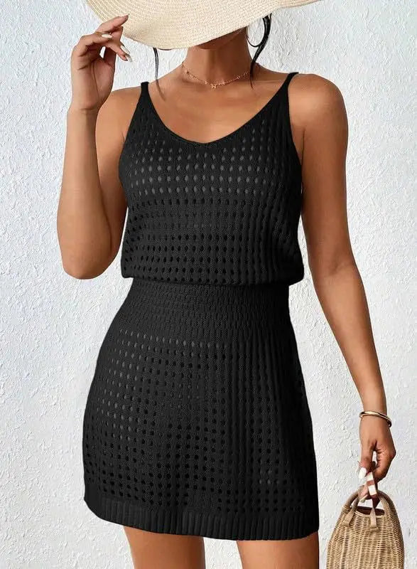 Summer Hollow Out Knitting Mini Spaghetti Strap Dresses Women Sexy V-neck Backless Vacation Beach Dress Casual Beachwear Vestido