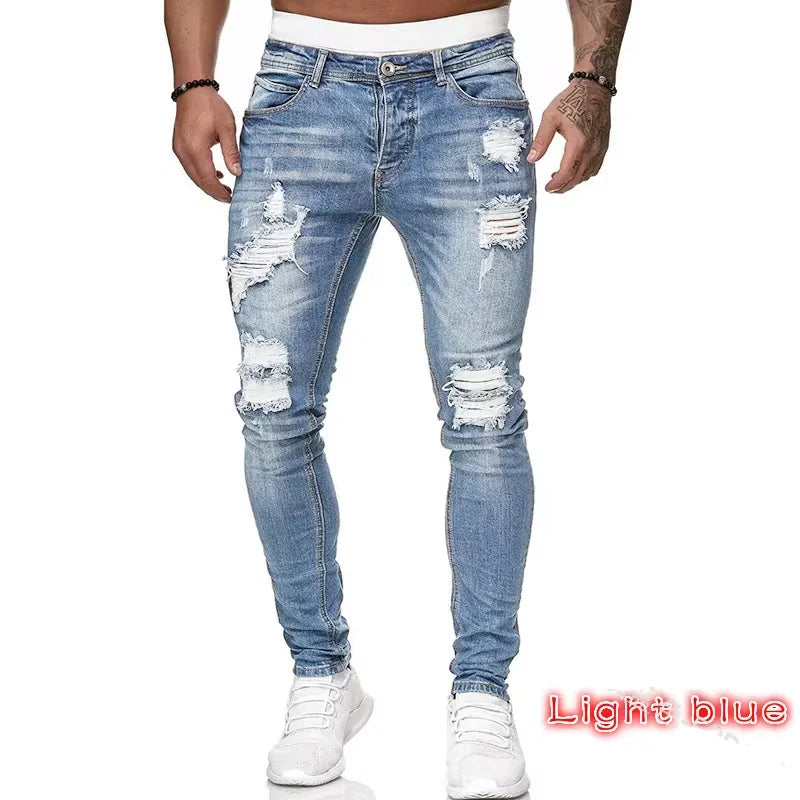 2025 ipped Mid Waist Slim Fit Men Jeans Vintage Denim Wash Solid Punk Style Skinny Pencil Pants Distressed Holes Ankle Length