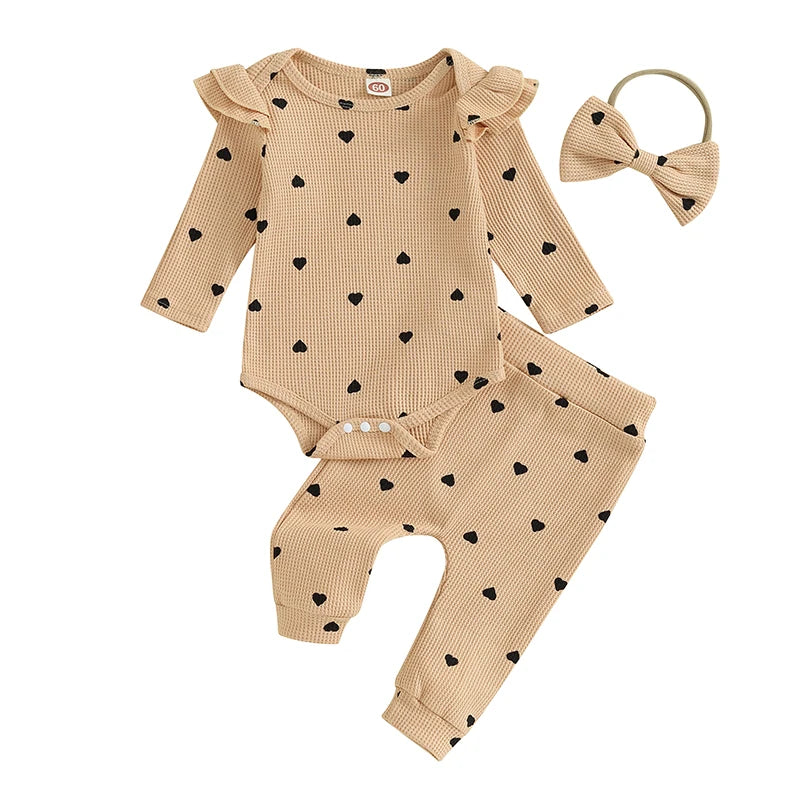 2023-09-12 Lioraitiin Infant Baby Girl Clothes Set Waffle Knit Heart Long Sleeve Romper Pants Headband Suit Outfits Fall Clothes