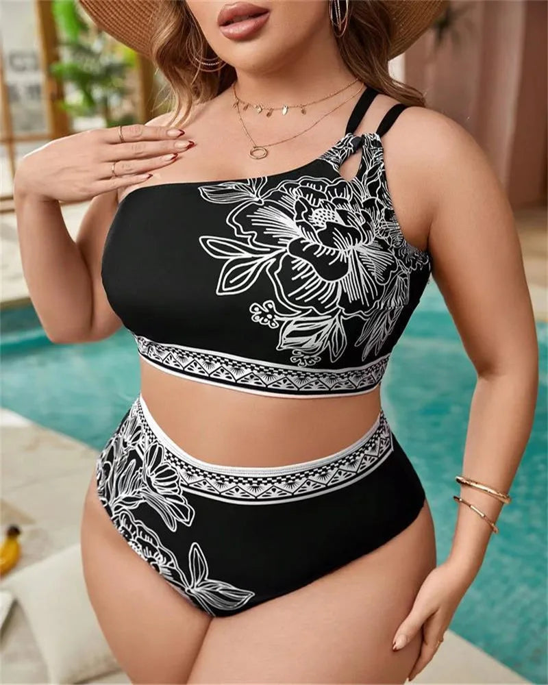 2025 Print One-shoulder Two Piece Plus Size Bikini Women High Waist Large Swimsuit Lady Chubby Swimwear Beach Curvy Bathing Suit