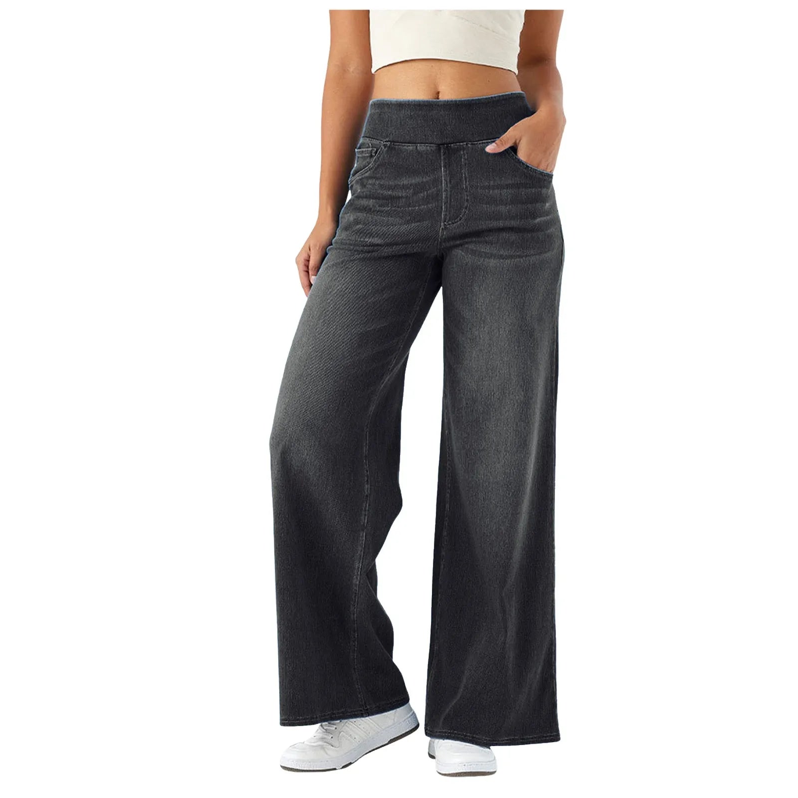 Baggy Ladies Wide Leg Trousers With Elastic Waistband High Waist Stretch Vertical Tube Trousers Stylish Womens' Casual Pants