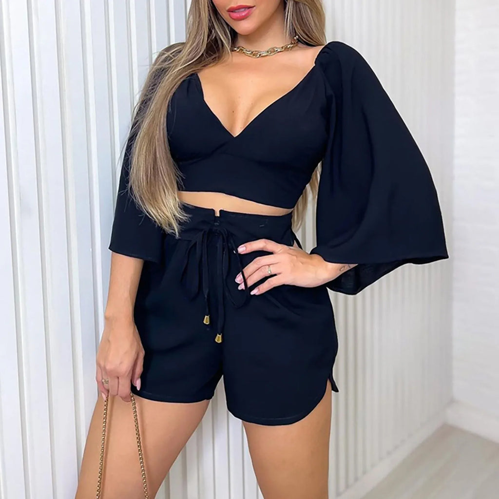 muslin suit for women V Neck Backless Flared Sleeve Shirt High Waist Shorts Fashion Casual Suit conjunto verano mujer