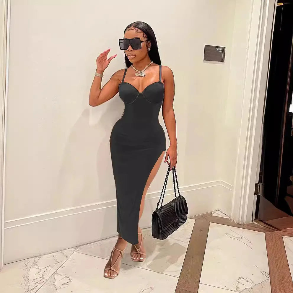 FAGADOER Sexy High Slit Bodycon Long Dress Women Solid Color Spaghetti Strap Backless Dresses Female Streetwear Vestidos 2025