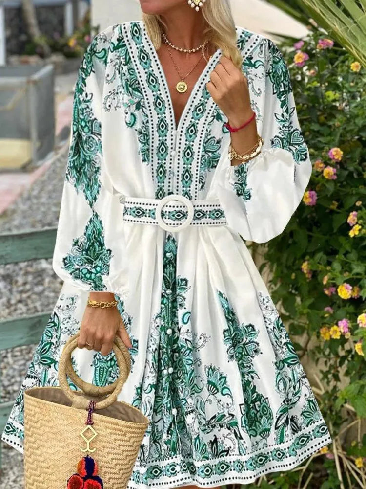 Spring Elegant Women Dress 2025 Fashion Lantern Sleeve V Neck Boho Print Dress Vintage Belt Loose Party Dresses Femme Vestidos