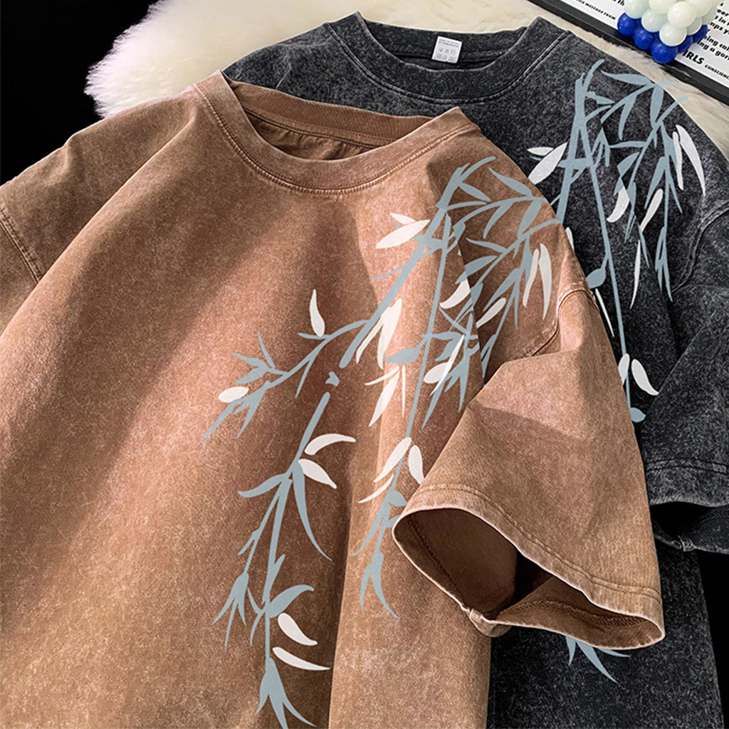 Bamboo Leaf Pattern Short Sleeve Heavy Fabric Acid Washed Men's T-shirt Men Woman Streetwear Oversized Loose Tops Summer Tees