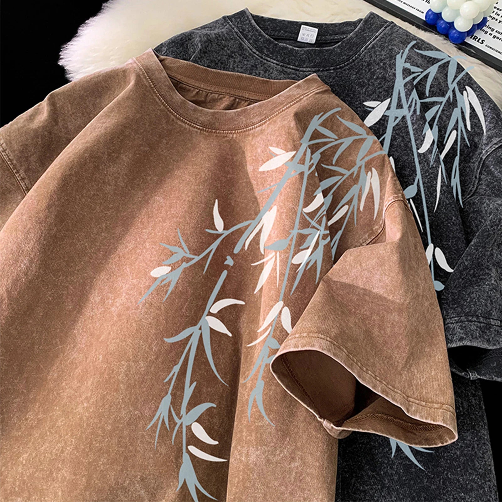 Bamboo Leaf Pattern Short Sleeve Heavy Fabric Acid Washed Men's T-shirt Men Woman Streetwear Oversized Loose Tops Summer Tees