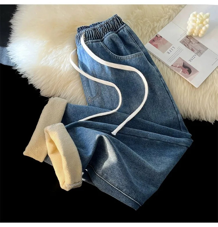 Winter Thiened Jeans Wide Leg Jeans Men's Straight Elastic Waist Corduroy High Street Vintage New Youth Casual Jeans