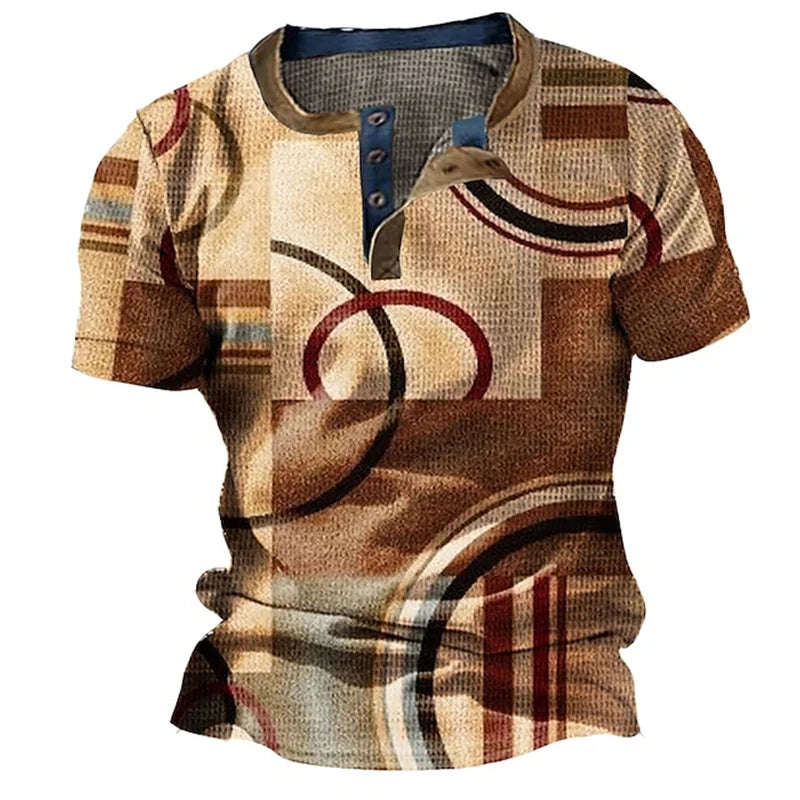 3D Color Splicing Print Men's Henry Shirt Summer Casual Breathable Short Sleeve Tops Fashion Street Loose Clothing Men T-Shirts