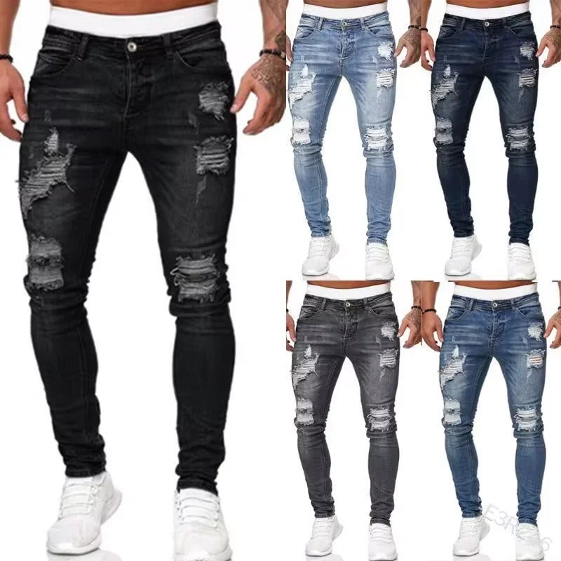 2025 ipped Mid Waist Slim Fit Men Jeans Vintage Denim Wash Solid Punk Style Skinny Pencil Pants Distressed Holes Ankle Length