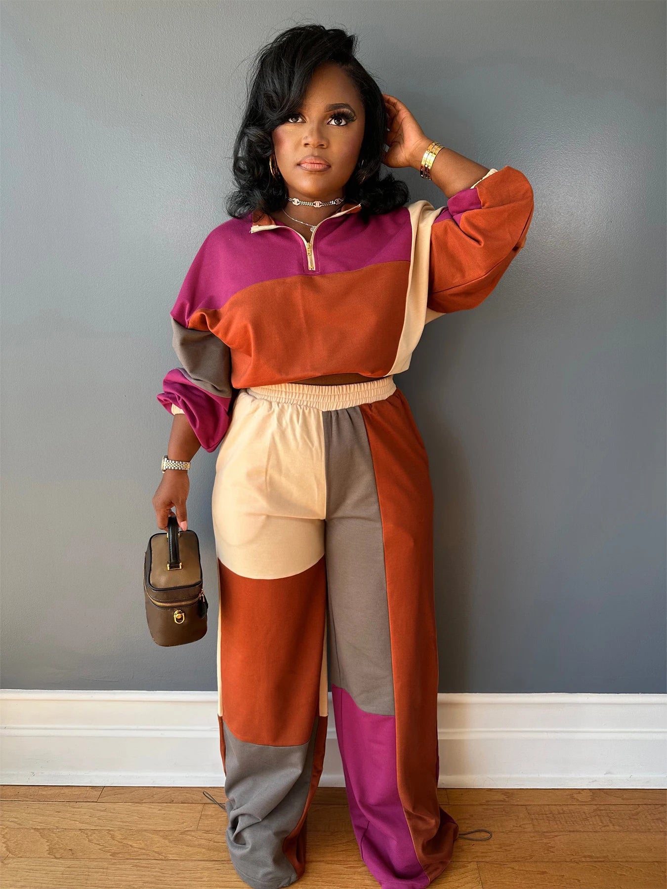 Women's New Colorblock Two-Piece Sports Suit, Machine Washable, Suitable for Spring and Autumn