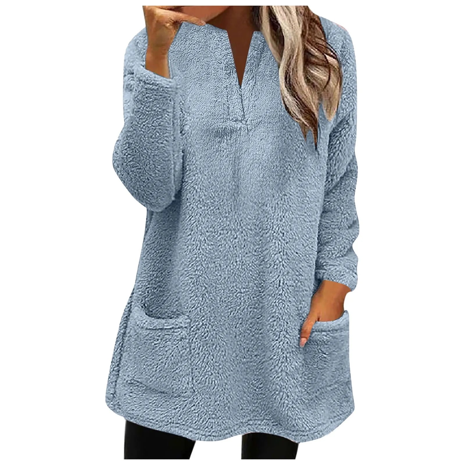 2024 New Women Long Sleeve Fleece Sweatshirts Double Pocket V Neck Pullover Tops Solid Color Plush Sweatshirt Female Outerwear