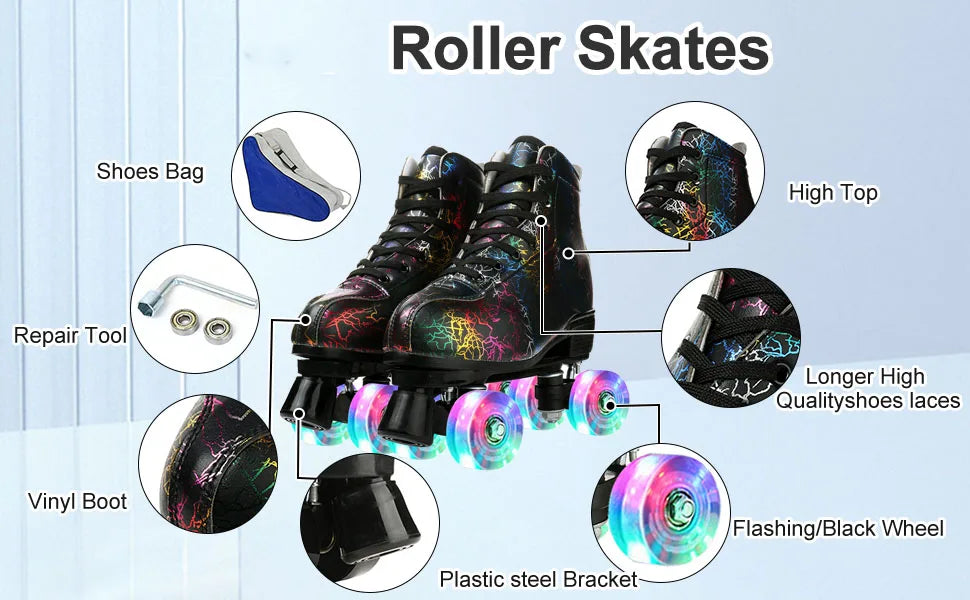 Unisex Roller Skates PU Leather Roller Skates Skating Shoes Zebra Printed Roller Skates Quad Skates Sneakers Flash Wheel Shoes