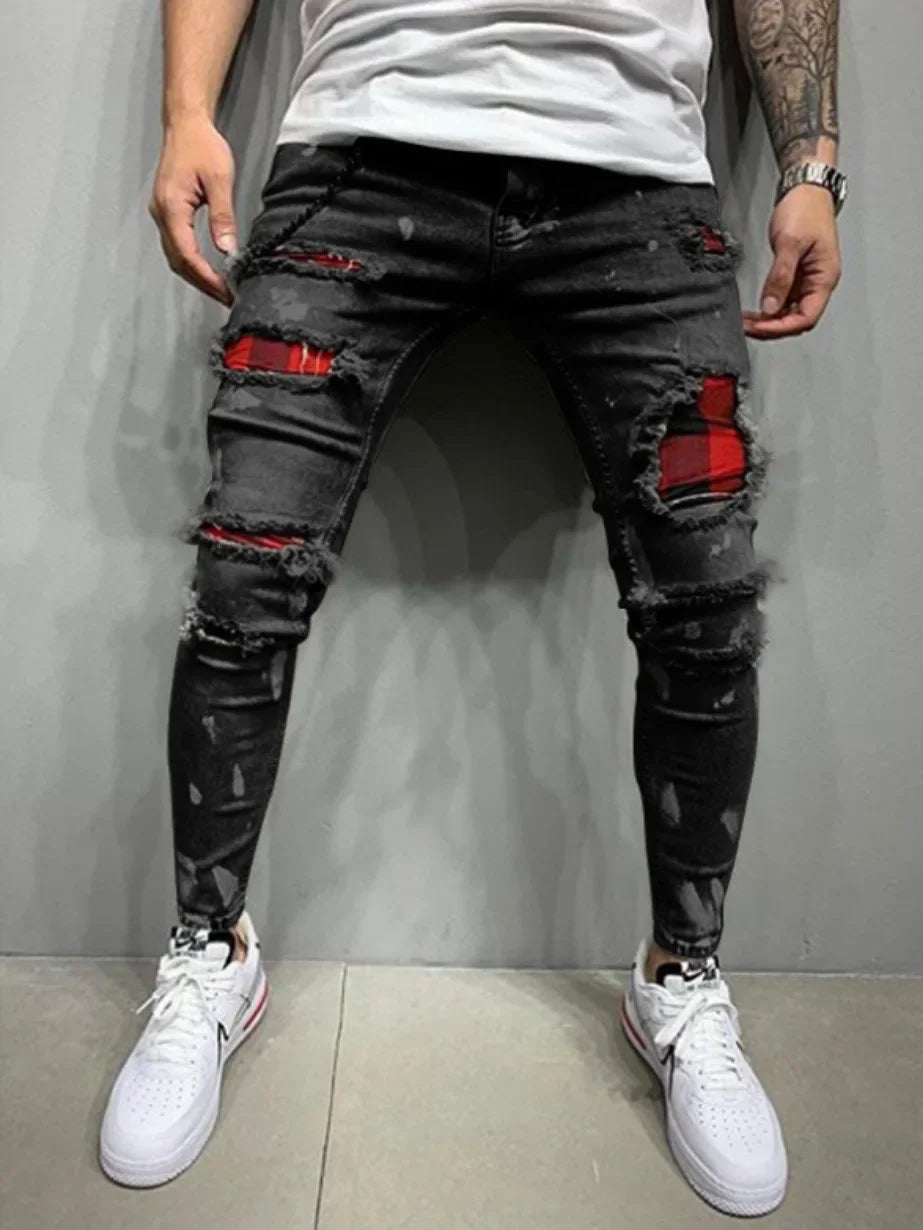 2025 Jeans Pencil Pants Holes Distressed Men Streetwear Denims Patchwork Mid Waist Slim Fit Washed Denim Ankle Length Trousers