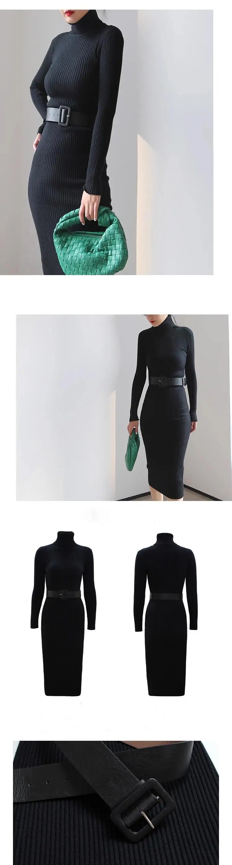 H Han Queen Knitted Turtleneck Sweater Bodycon Dress Bottoming Women Soft Elastic Autumn Winter Midi Party Dresses With Belt