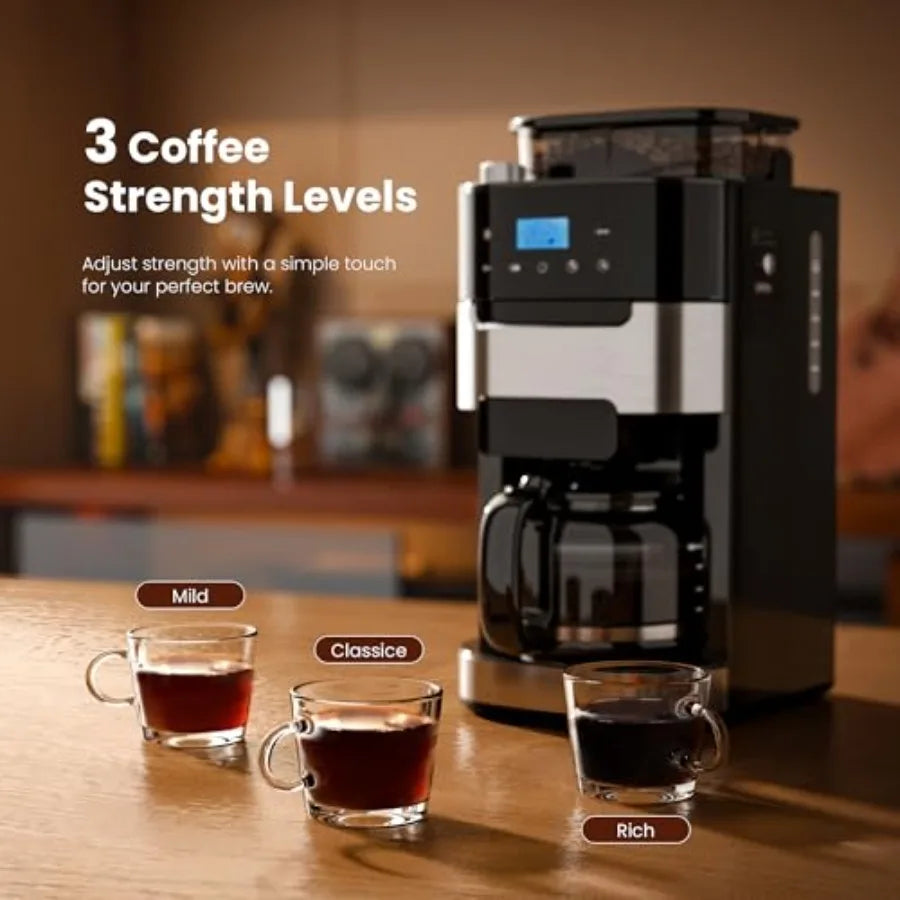 10Cup Digital Drip Coffee Maker with BuiltIn Grinder for Home and Office Use: 12Hour Timer Programmable Settings 1.5L Water Tan