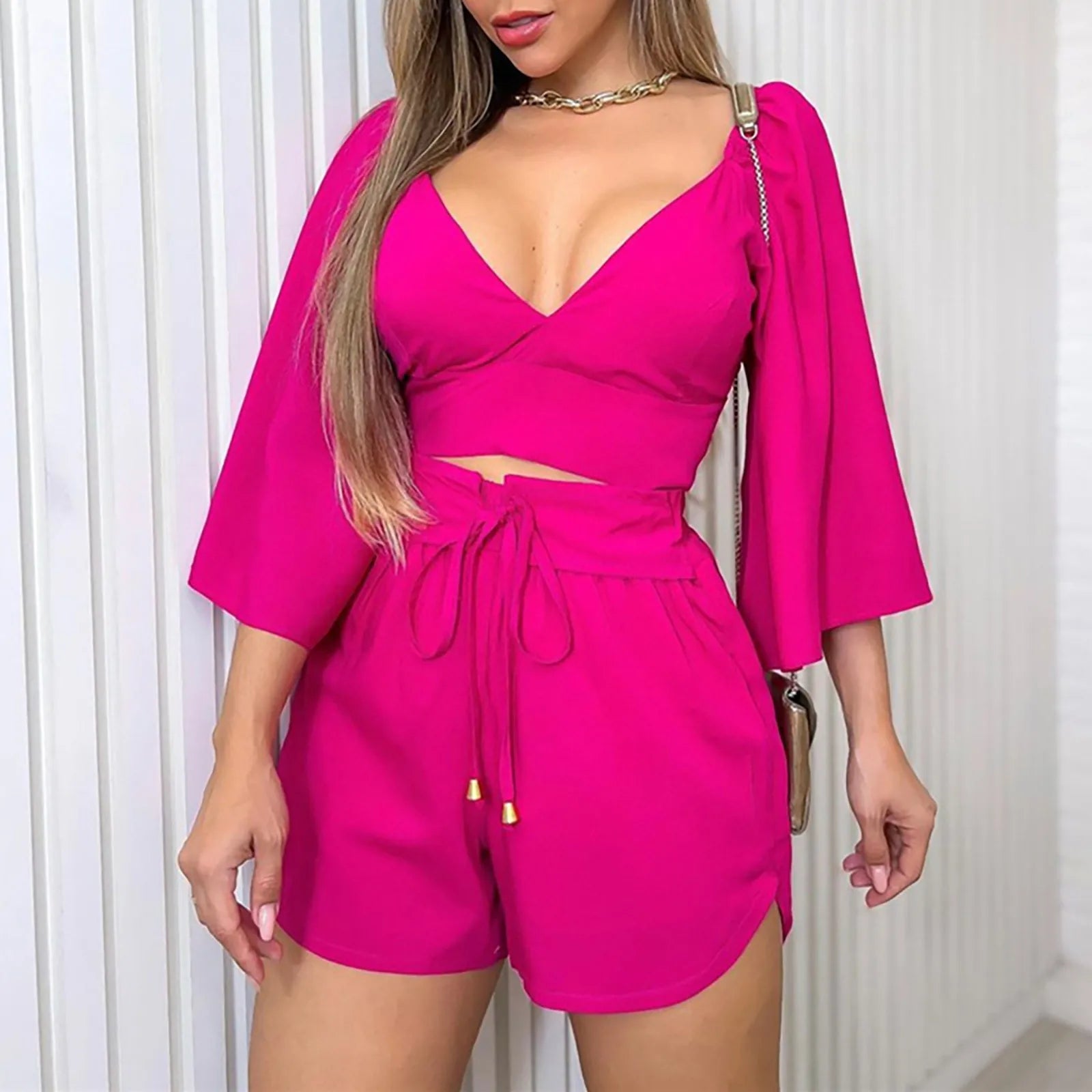 muslin suit for women V Neck Backless Flared Sleeve Shirt High Waist Shorts Fashion Casual Suit conjunto verano mujer