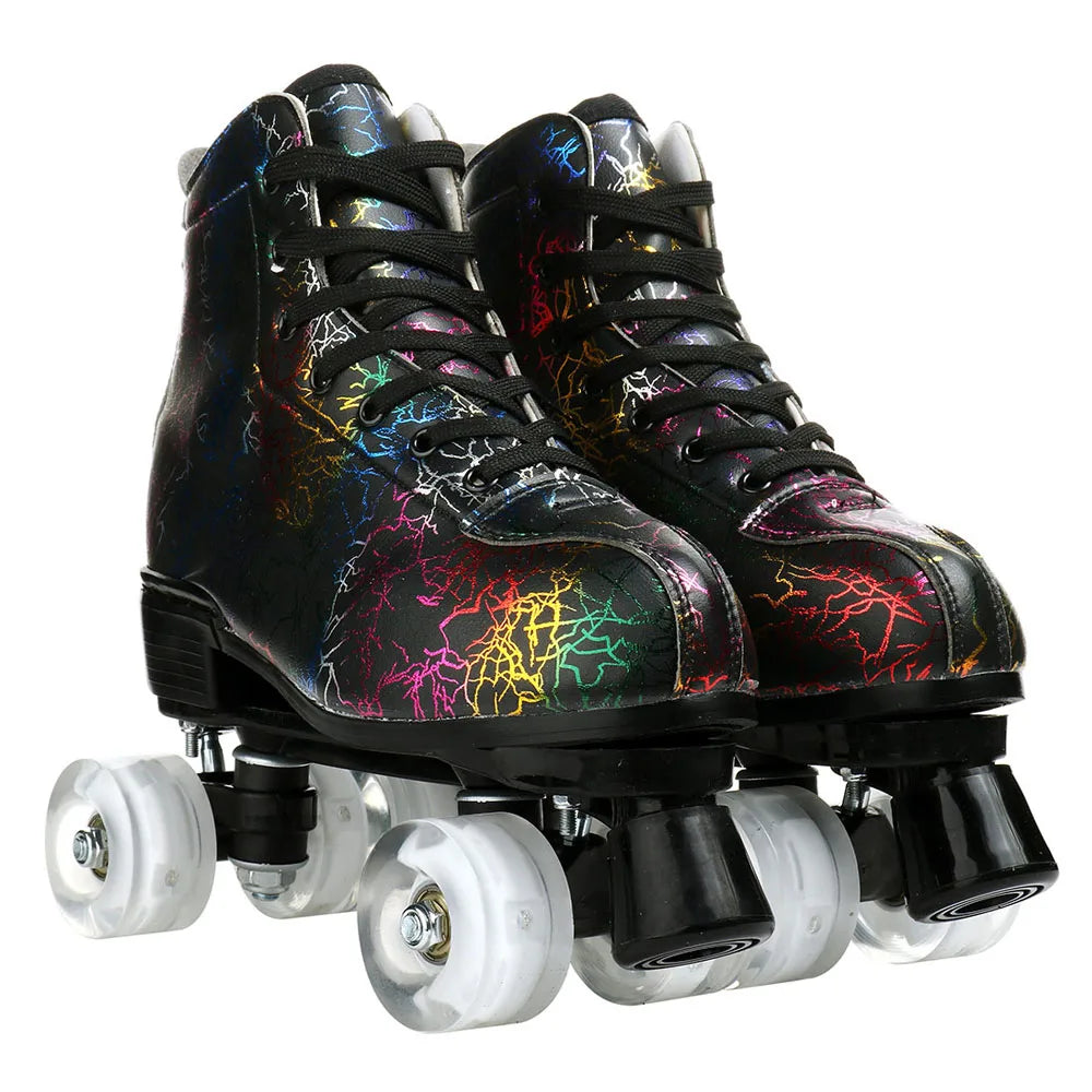 Unisex Roller Skates PU Leather Roller Skates Skating Shoes Zebra Printed Roller Skates Quad Skates Sneakers Flash Wheel Shoes