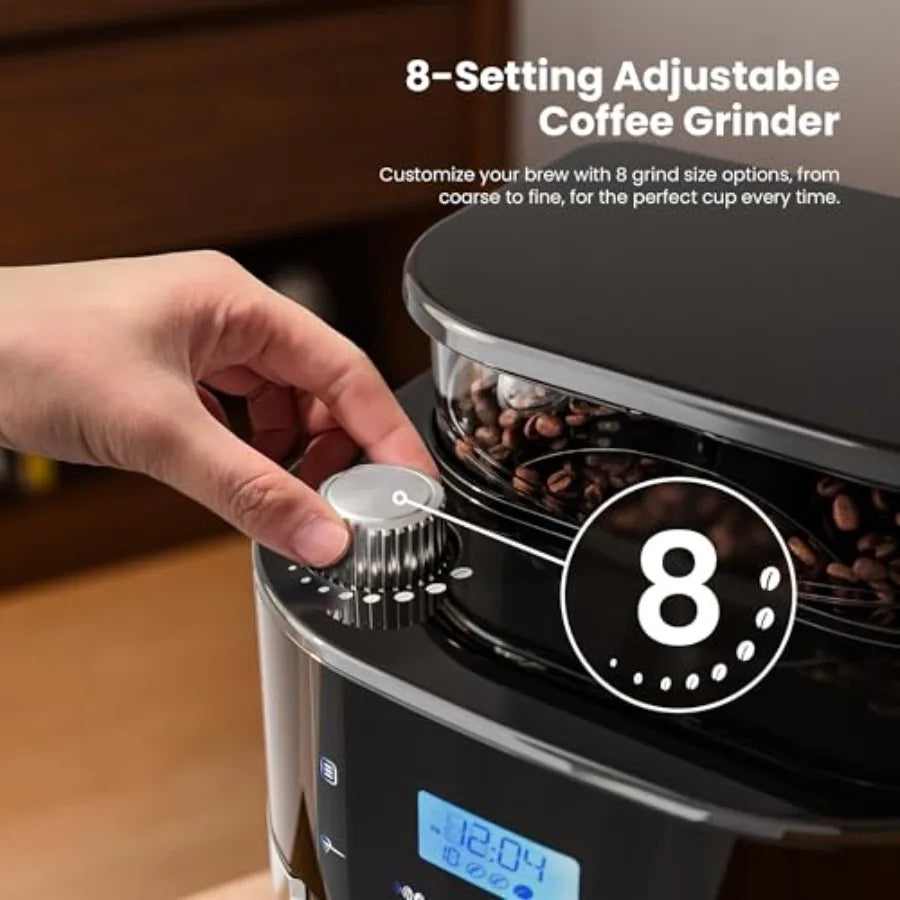 10Cup Digital Drip Coffee Maker with BuiltIn Grinder for Home and Office Use: 12Hour Timer Programmable Settings 1.5L Water Tan