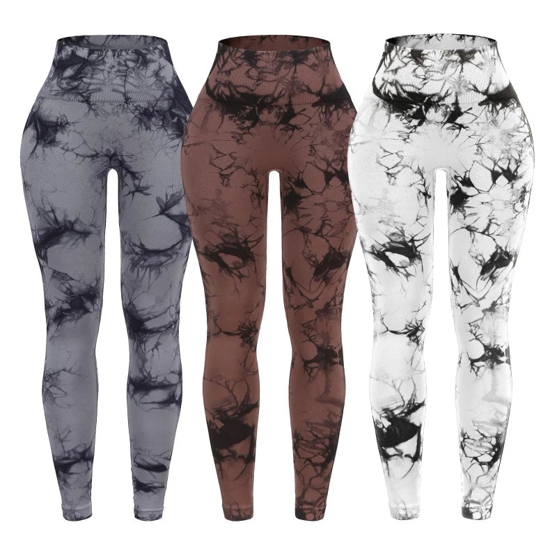 3 Piece Workout Leggings Sets for Women High Waisted Tie Dye Gym Scrunch Butt Lifting Seamless Yoga Leggings Athletic Pants