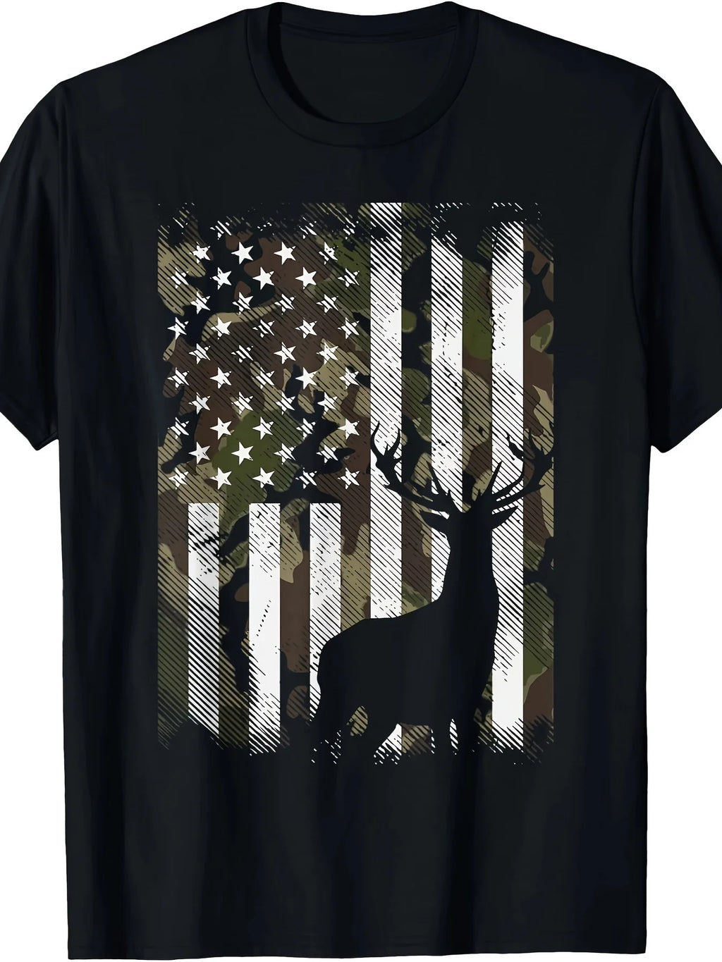 1pc Men'S American Flag Deer Graphic T-Shirt, 100% Cotton Fabric, Crew Neck, Short Sleeve, Regular Fit