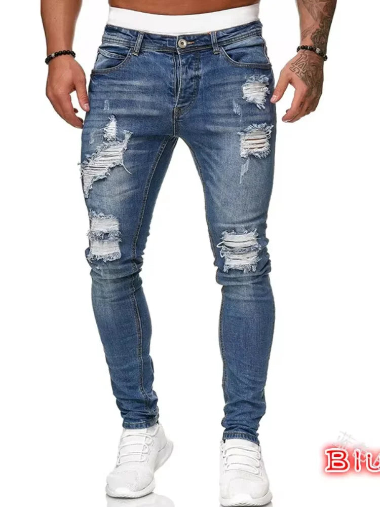2025 ipped Mid Waist Slim Fit Men Jeans Vintage Denim Wash Solid Punk Style Skinny Pencil Pants Distressed Holes Ankle Length