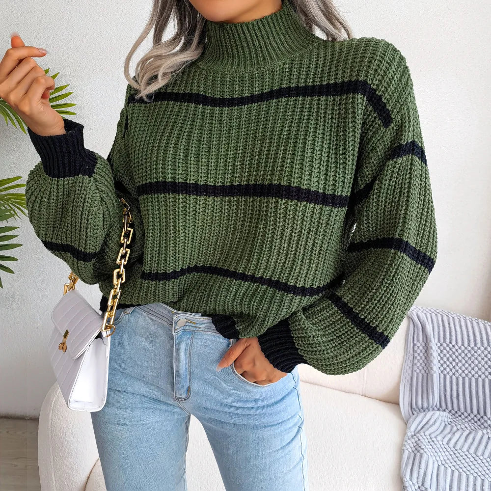 Autumn Winter Stripe Sweaters Pullovers Women New Solid Color Long Sleeved Jumpers Fashion High Neck Warm Pullover Knitwears Top
