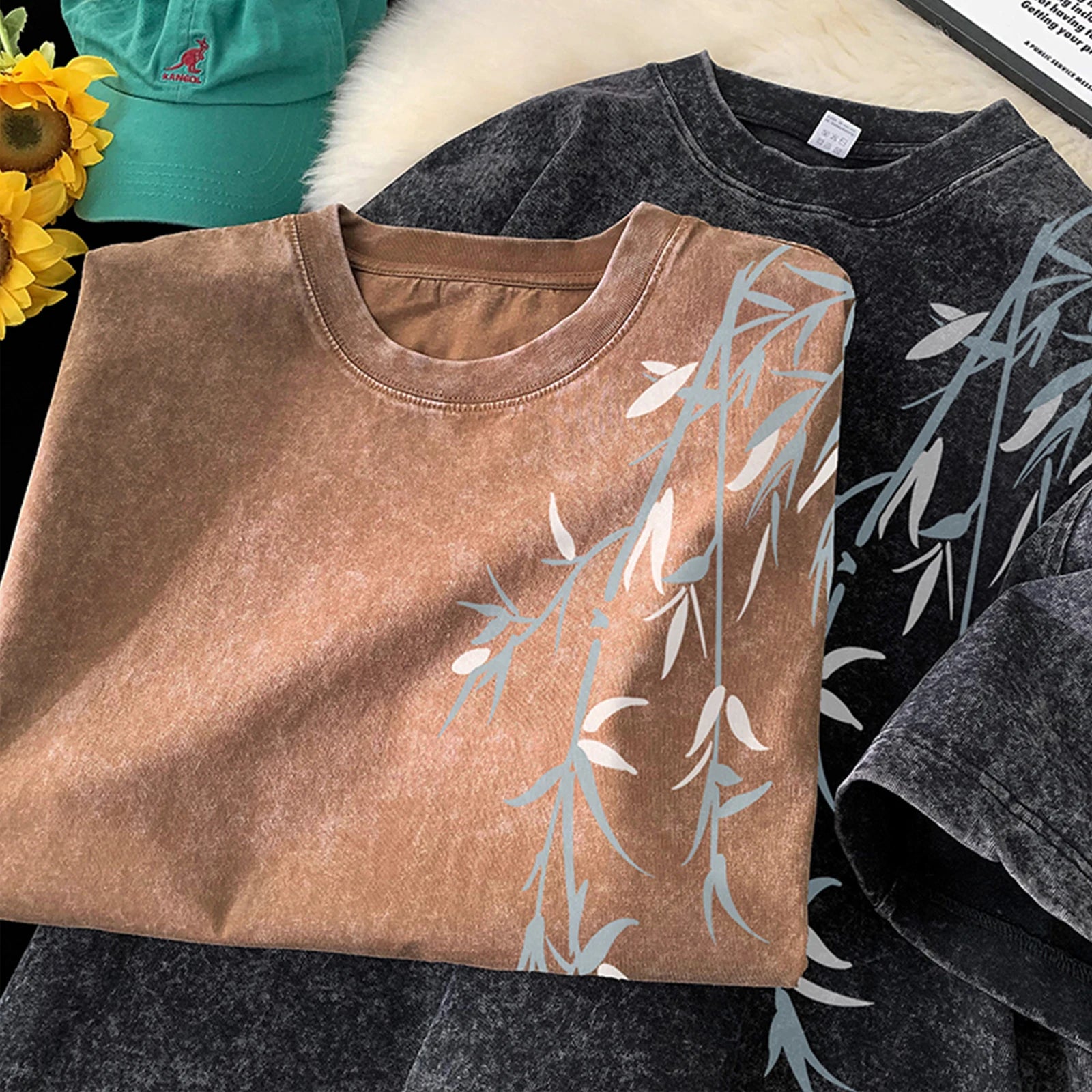 Bamboo Leaf Pattern Short Sleeve Heavy Fabric Acid Washed Men's T-shirt Men Woman Streetwear Oversized Loose Tops Summer Tees