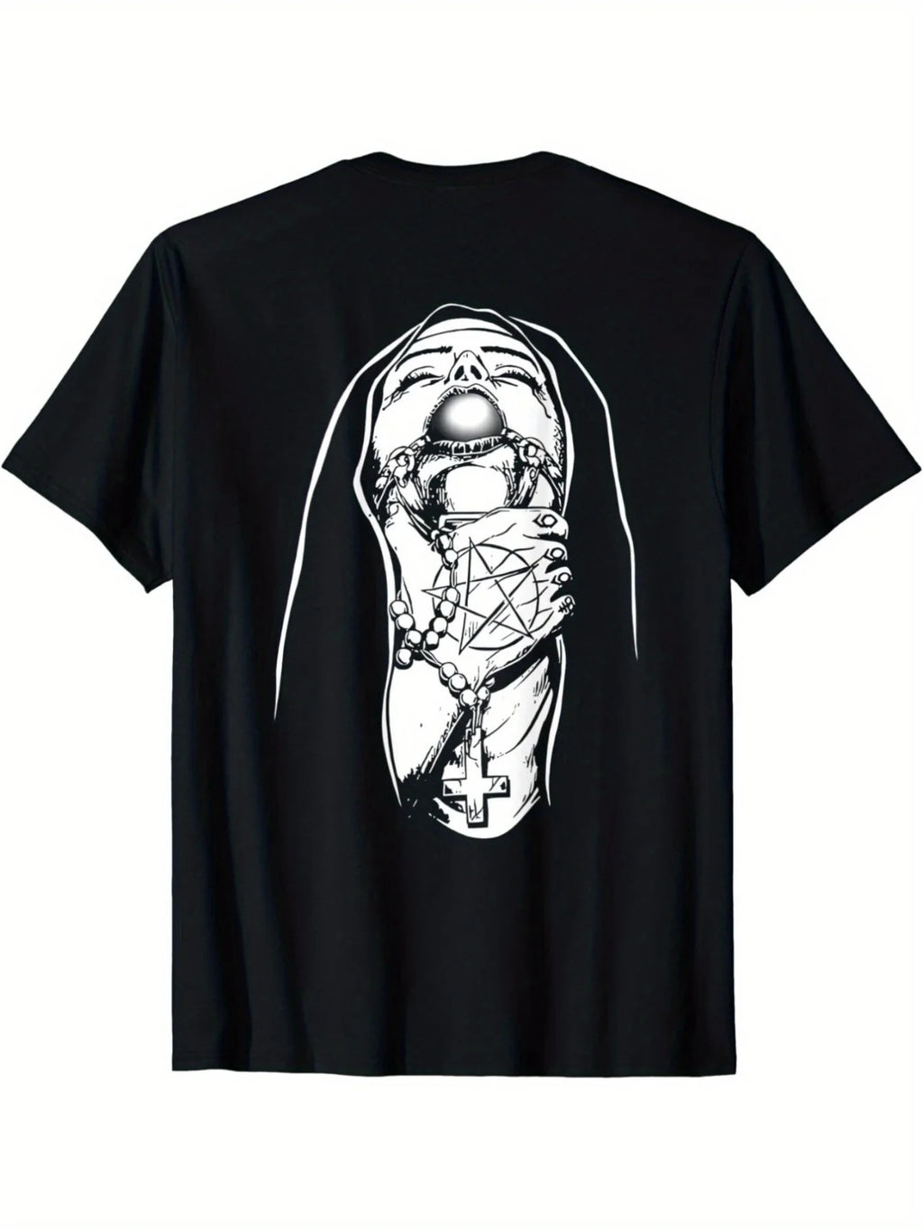 Medium Stretch Satan Nun Tattoo Graphic Tee for Men, Casual Cotton Crew Neck T-Shirt, Geometric Pattern, Short Sleeves