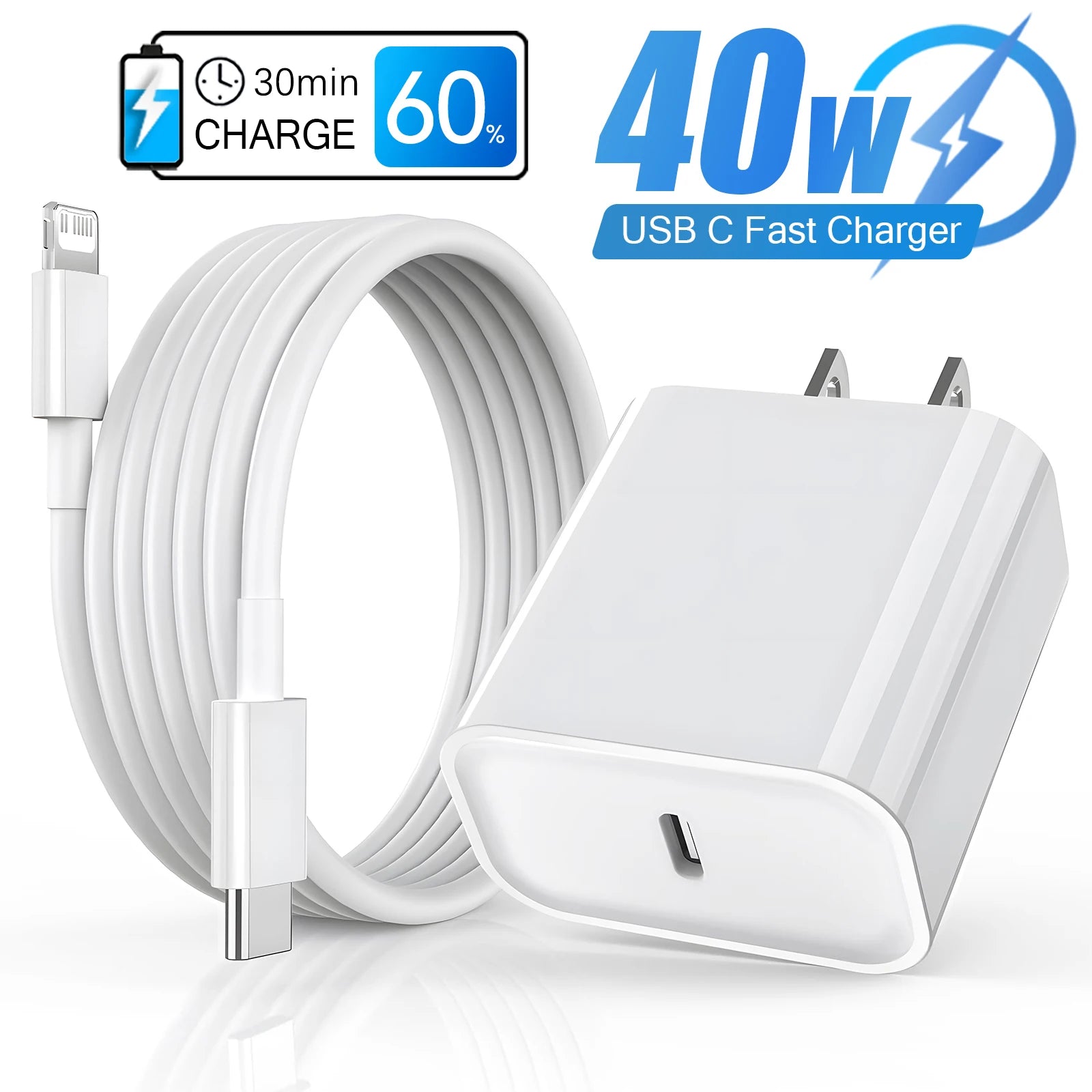 40W Fast Charger For iPhone 14 13 12 11 Pro Max X XS iPad USB Type C Fast Charging Data Cable Phone Charger Set Accessories