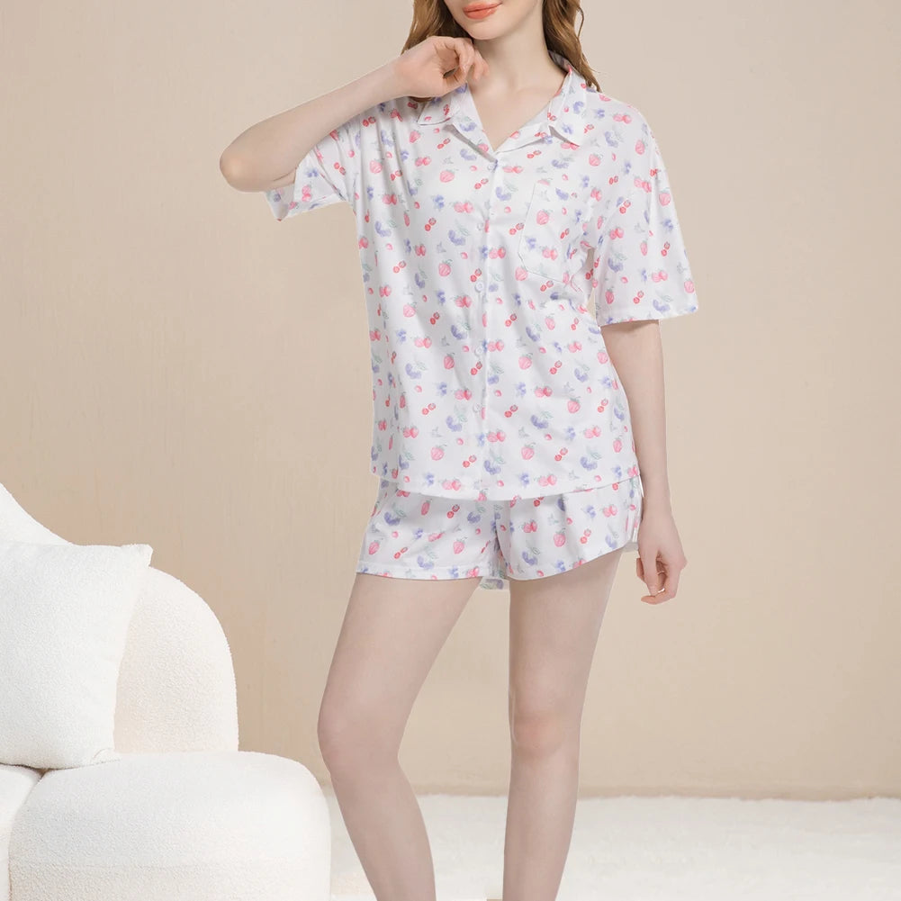Women Fruit Print Pajamas Set Breathable Soft Loungewear Button Down Sleepwear Cute Pyjama Trousers Set for Loose Home Wear