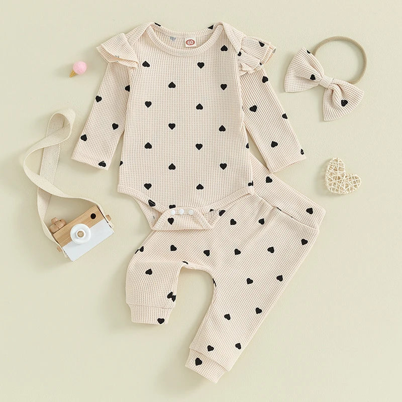 2023-09-12 Lioraitiin Infant Baby Girl Clothes Set Waffle Knit Heart Long Sleeve Romper Pants Headband Suit Outfits Fall Clothes
