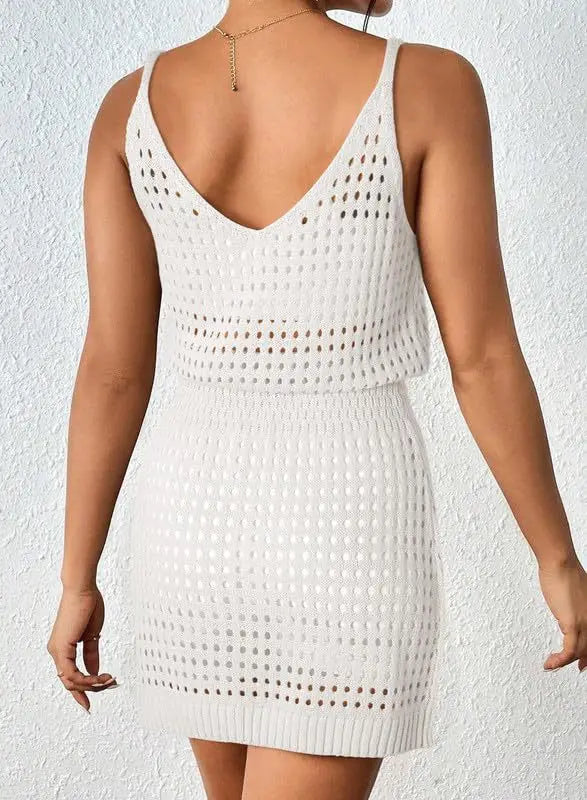Summer Hollow Out Knitting Mini Spaghetti Strap Dresses Women Sexy V-neck Backless Vacation Beach Dress Casual Beachwear Vestido