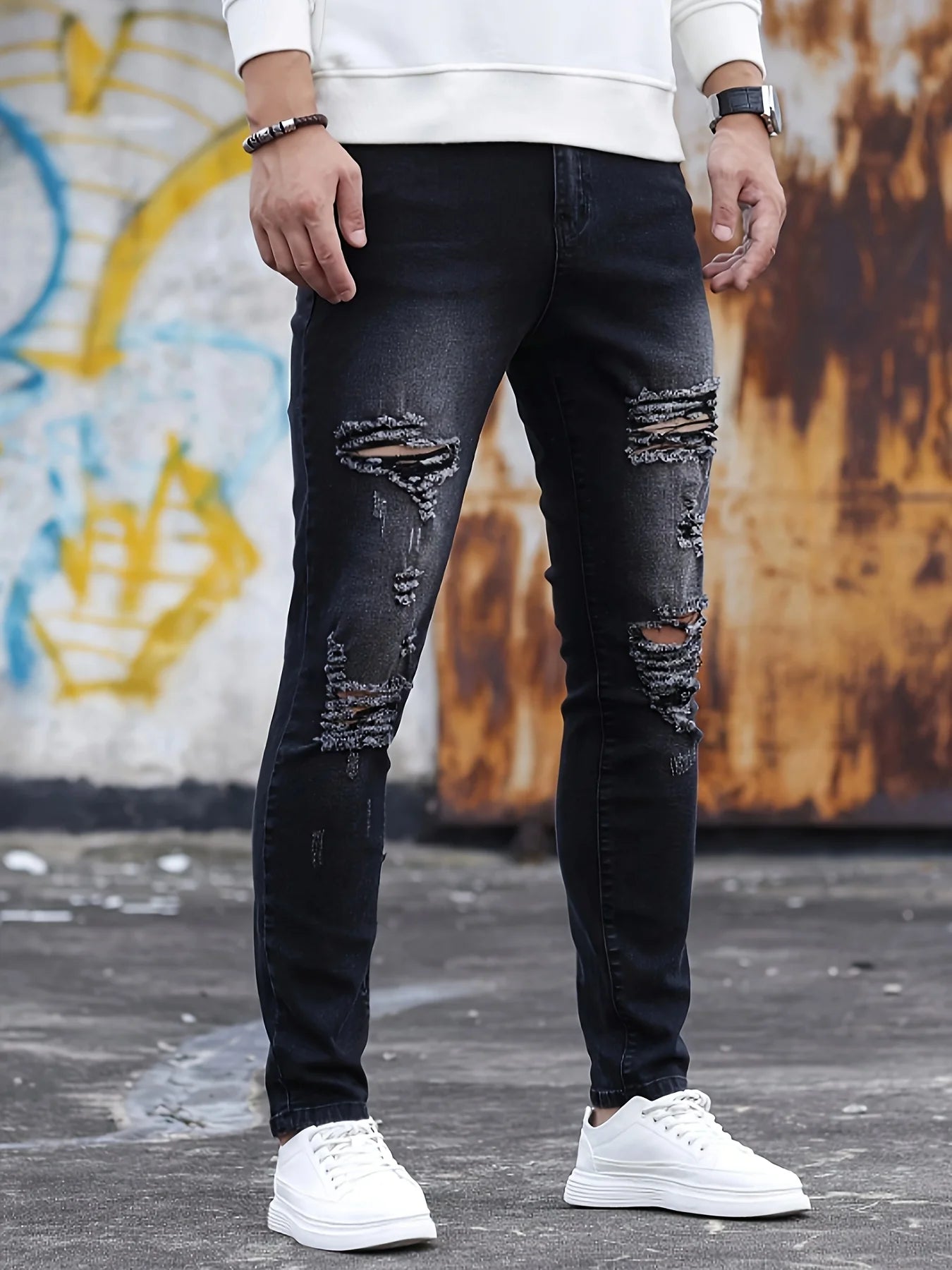 Men's black slim fit jeans, fashionable ripped elastic jeans