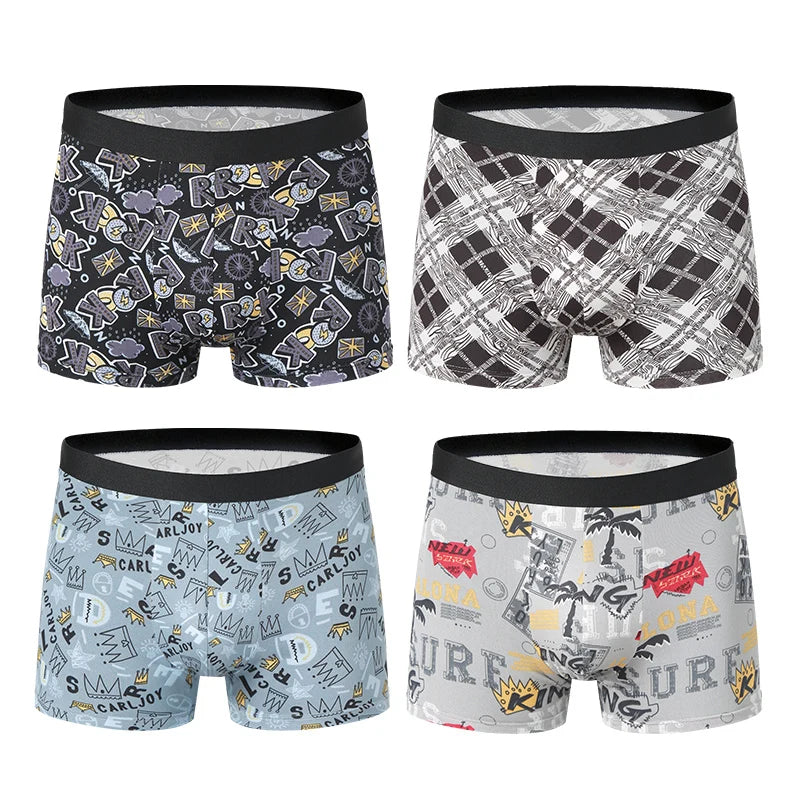 4 Pieces European and American Size MEN'S FASHION Printed Boxer Underwear Comfortable Swimming Trunks Oversized Underwear Shorts