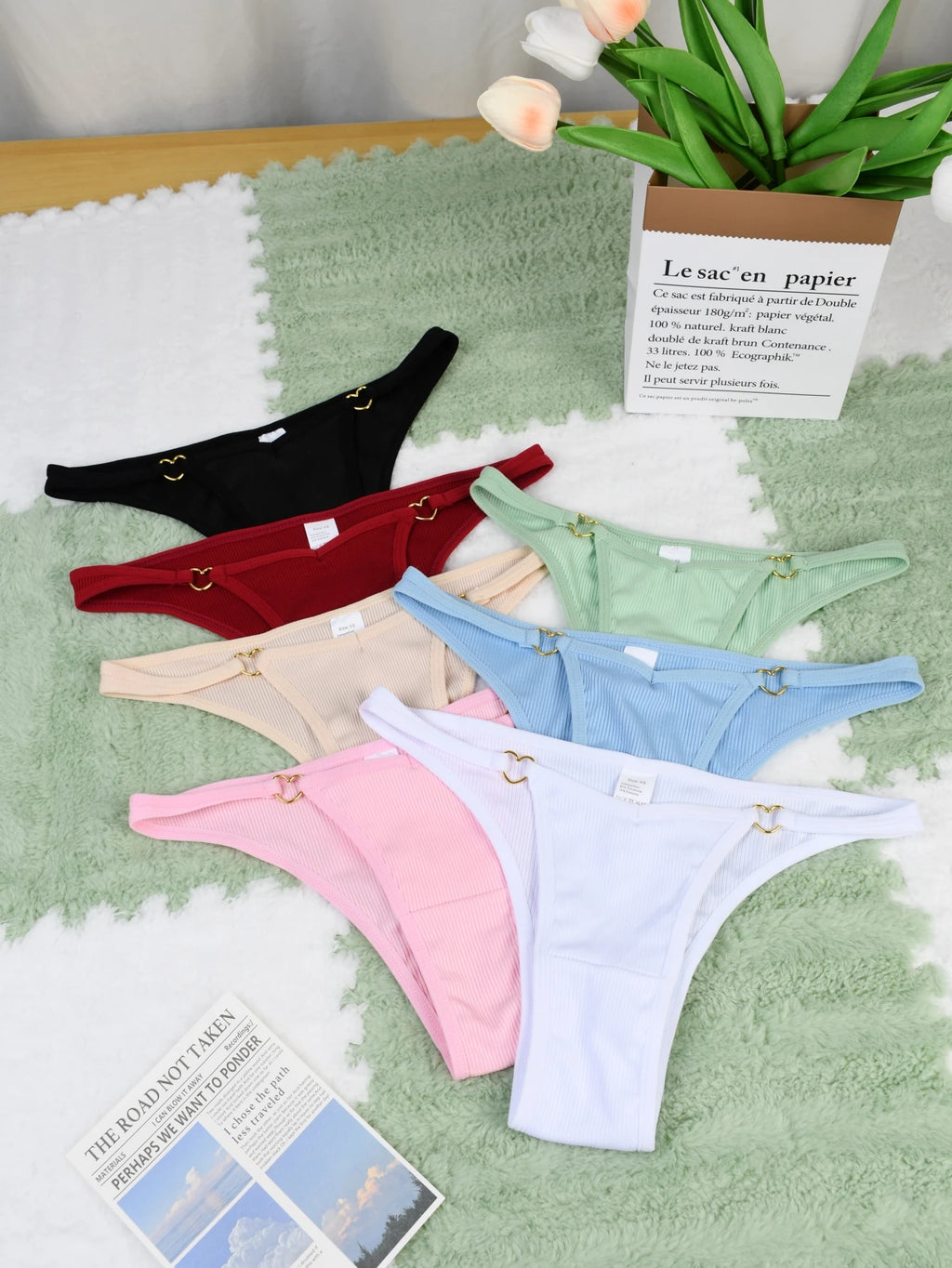 7Pcs Soft Women's Thong Cotton Underwear Set Ribbed Sexy Low-rise Seamless Underwear Breathable And Comfortable