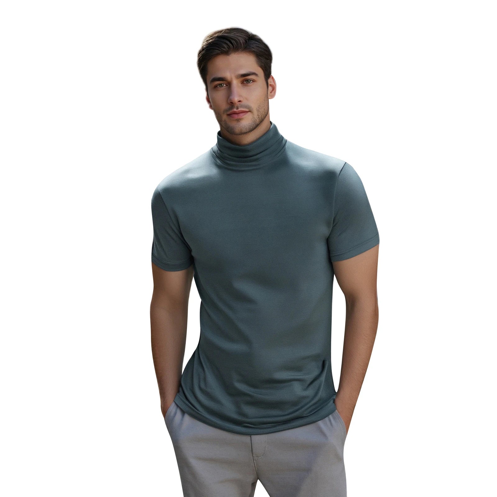 Men s Casual Short Sleeve T-Shirt  Fit Solid Color High Neck Summer Basic Tee Simple Tops for Everyday Wear