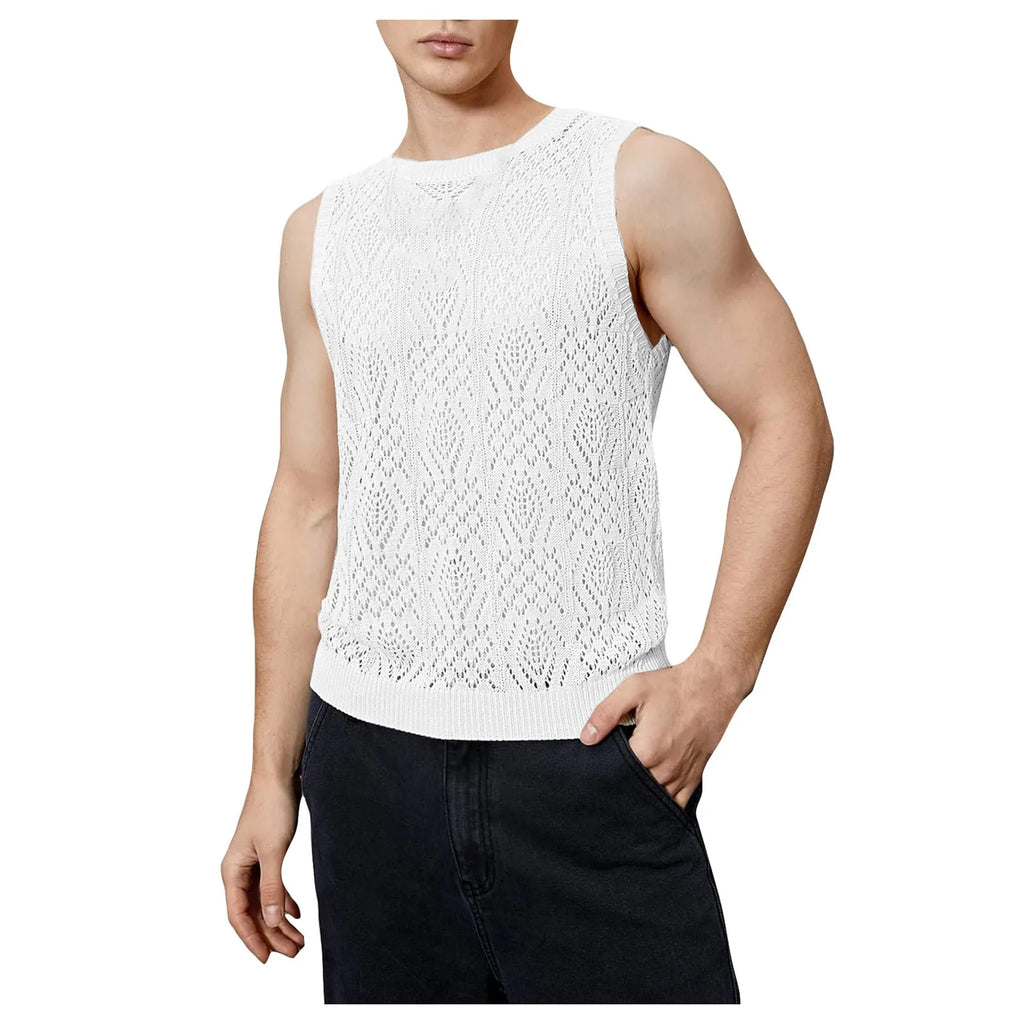 Beach Tops For Men Men'S Knitted Hollowed Out Vest Crew Neck Sleeveless Male Clothes With Designs Camiseta Sin Mangas Hombre