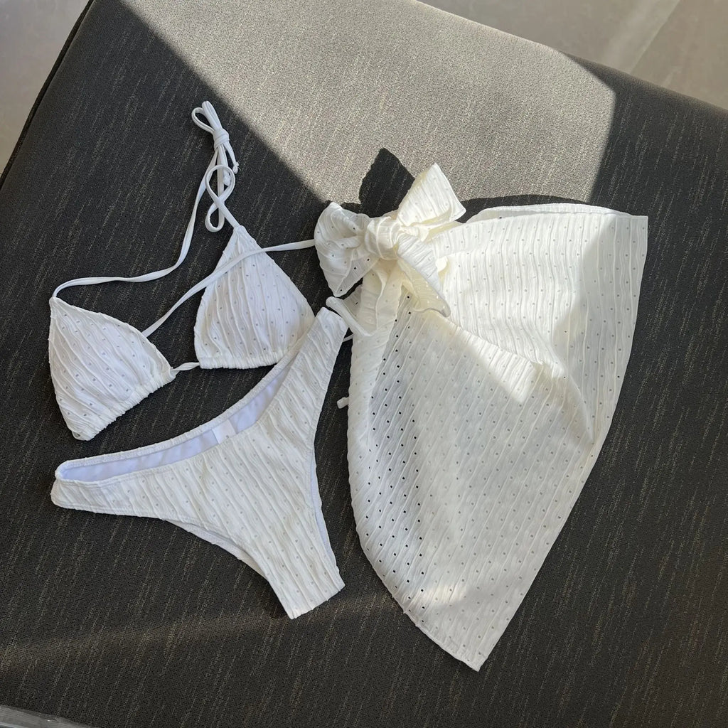 3-piece Beachskirt Swimsuit Women 2024 Solid Color Ventilate Bikini Sexy Triangle Cup Lace-up Backless Low Waist Bathing Suit