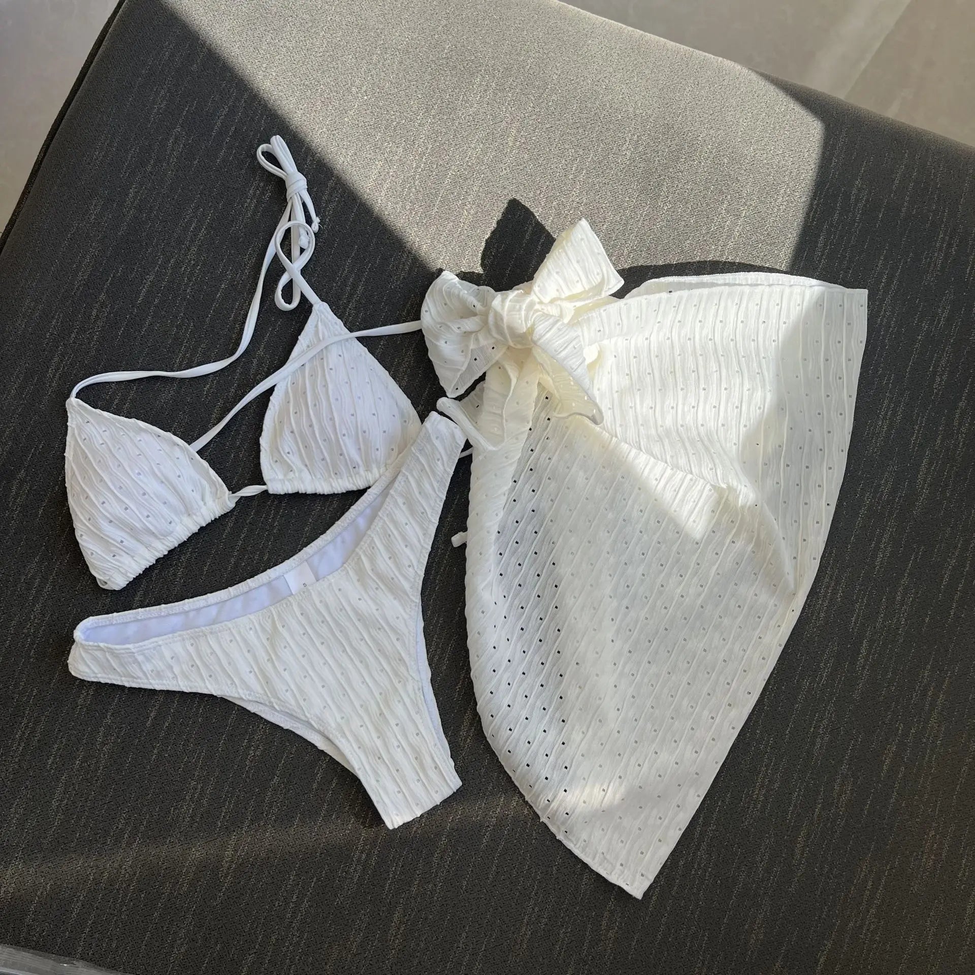 3-piece Beachskirt Swimsuit Women 2024 Solid Color Ventilate Bikini Sexy Triangle Cup Lace-up Backless Low Waist Bathing Suit