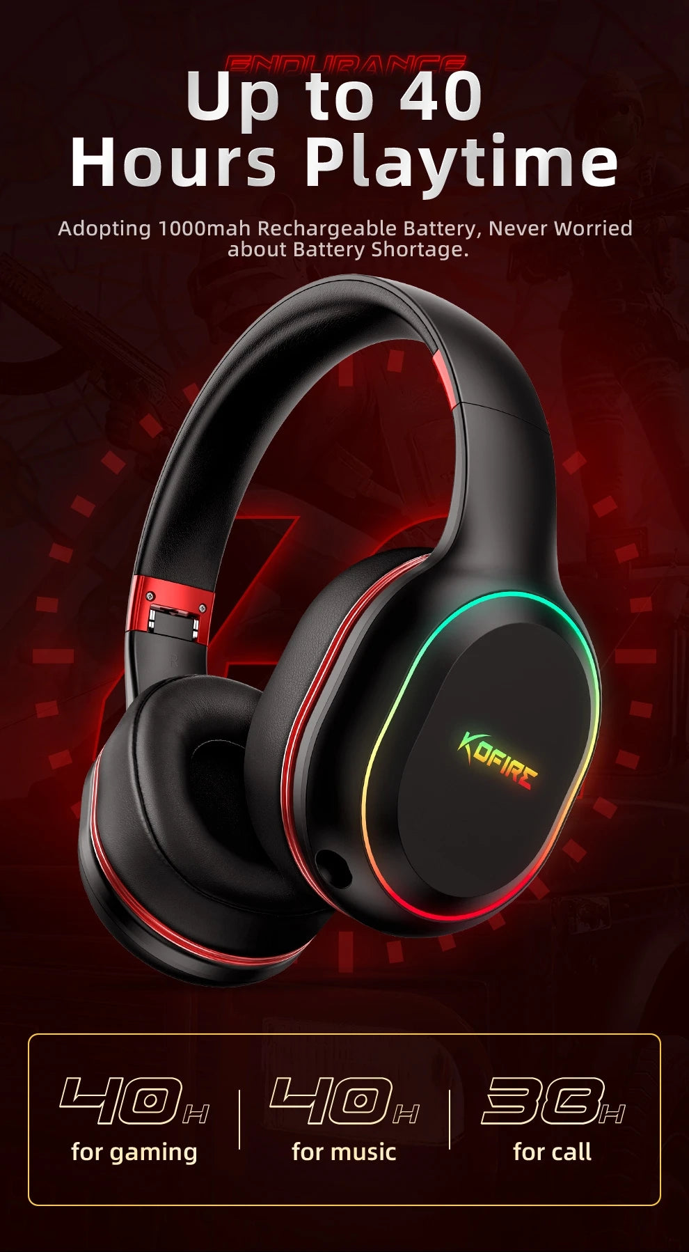 Kofire UG-05 Gaming Headphones 2.4G BT5.0 Wireless Headset With Mic RBG Light Vibration Bluetooth Earphone For PS4 PS5 PC Switch