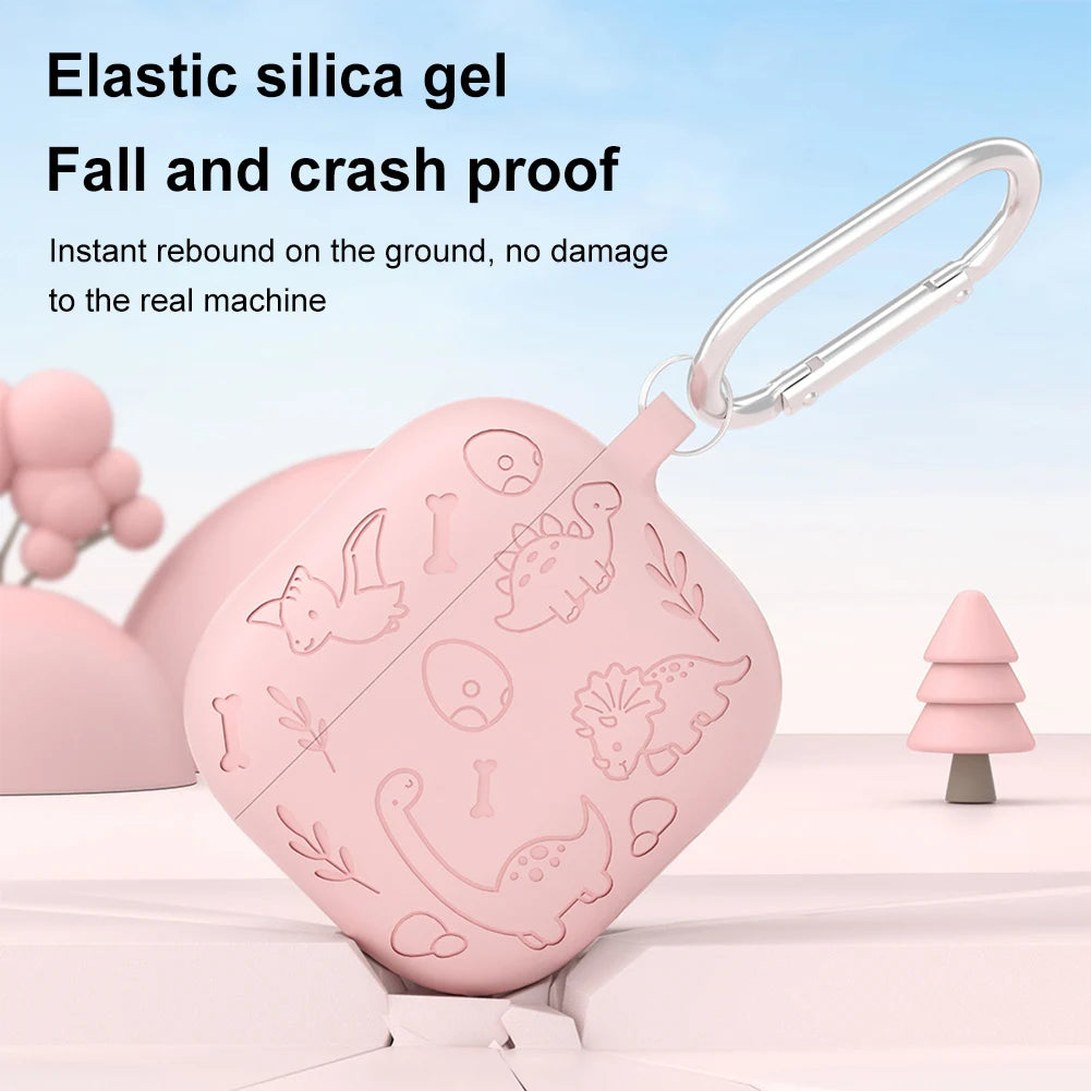 Silicone Case Protector with Carabiner Engraved Flower Dinosaur Case Soft Silicone Skin Protective Case for AirPods 4 Gen (2024)