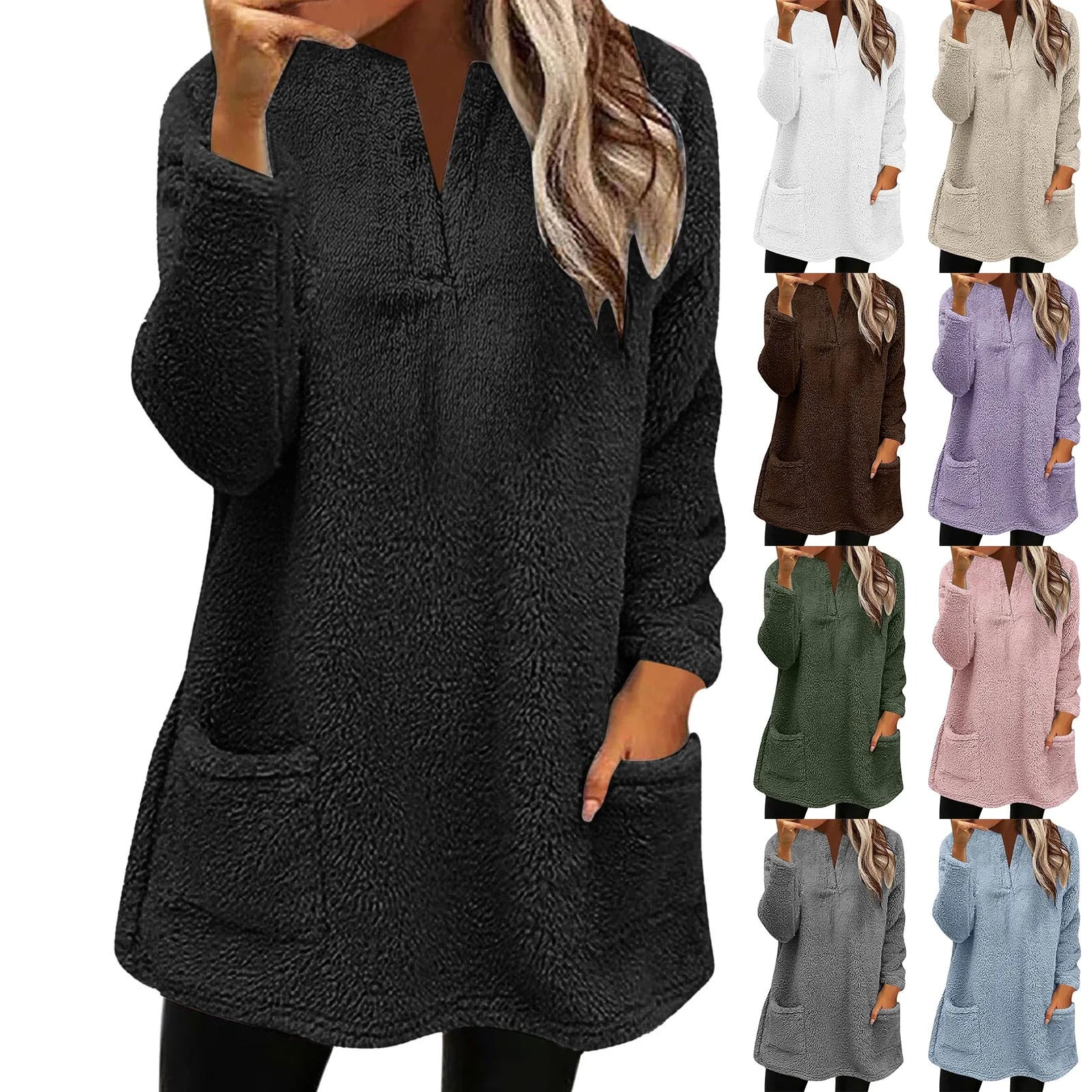 2024 New Women Long Sleeve Fleece Sweatshirts Double Pocket V Neck Pullover Tops Solid Color Plush Sweatshirt Female Outerwear