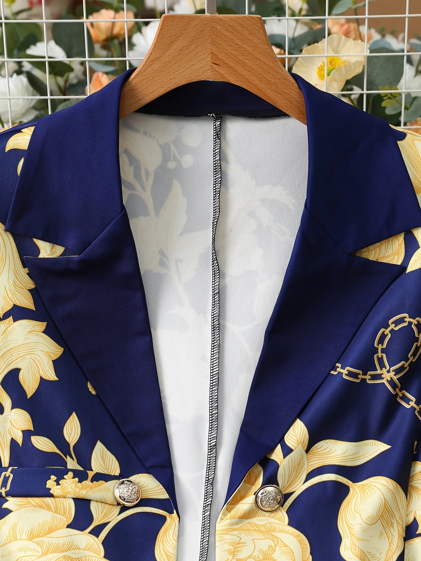 Urban elegance and romantic party gold floral chain digital print casual stretch top suit jacket and elastic waistband colorful