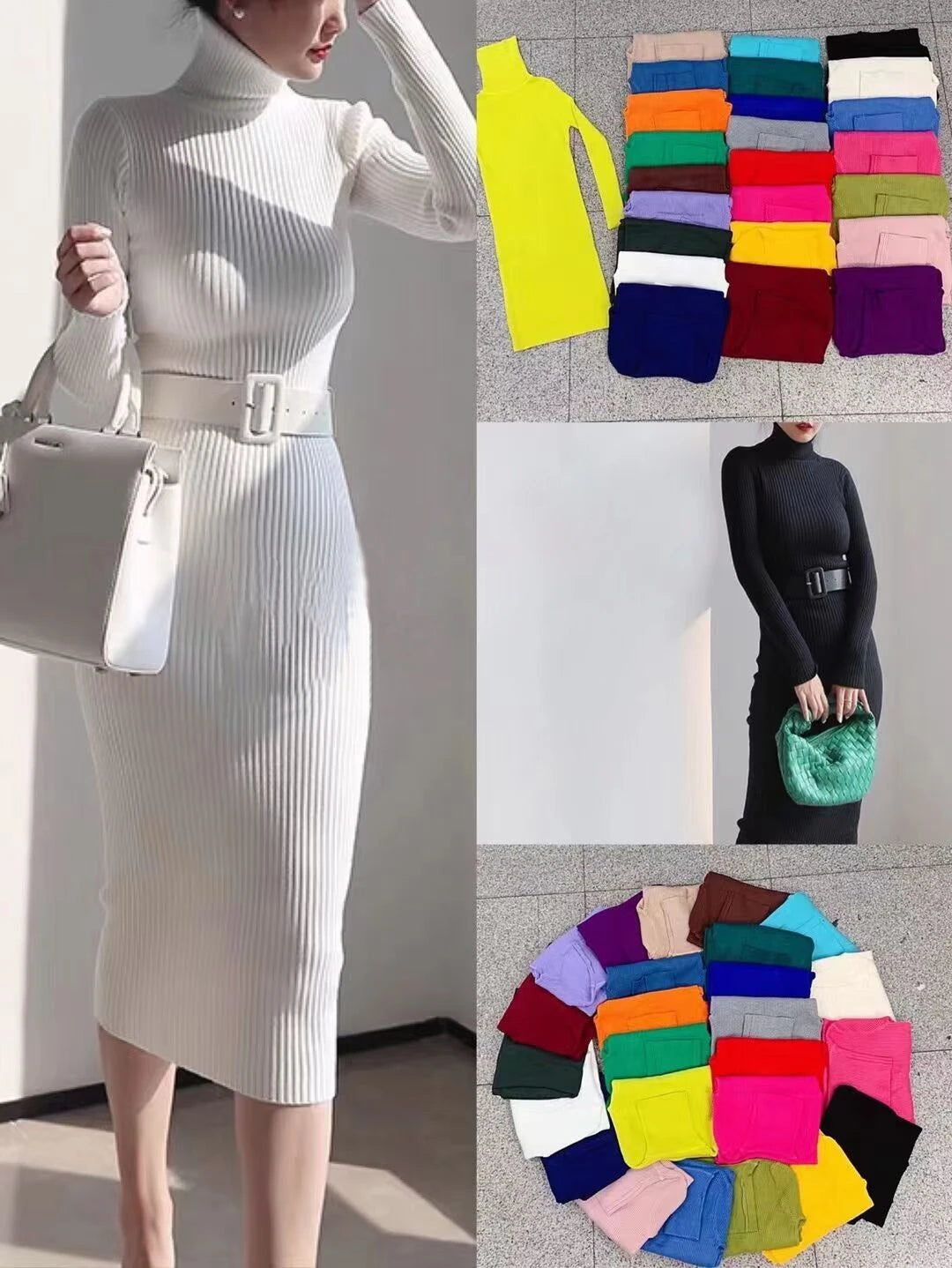 H Han Queen Knitted Turtleneck Sweater Bodycon Dress Bottoming Women Soft Elastic Autumn Winter Midi Party Dresses With Belt
