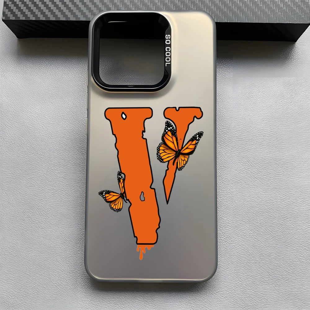 Luxury V-Vlone V Letter Phone Case For iPhone 16 15 14 13 12 11 Pro Max Grey Black Matte Laser Metallic Aurora Funda