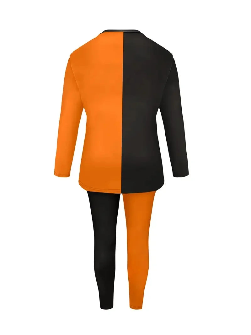 Plus Size Casual Women's Clothing, Fashionable Pumpkin Print Contrasting Color Two-Piece Set, Halloween Women's Suit