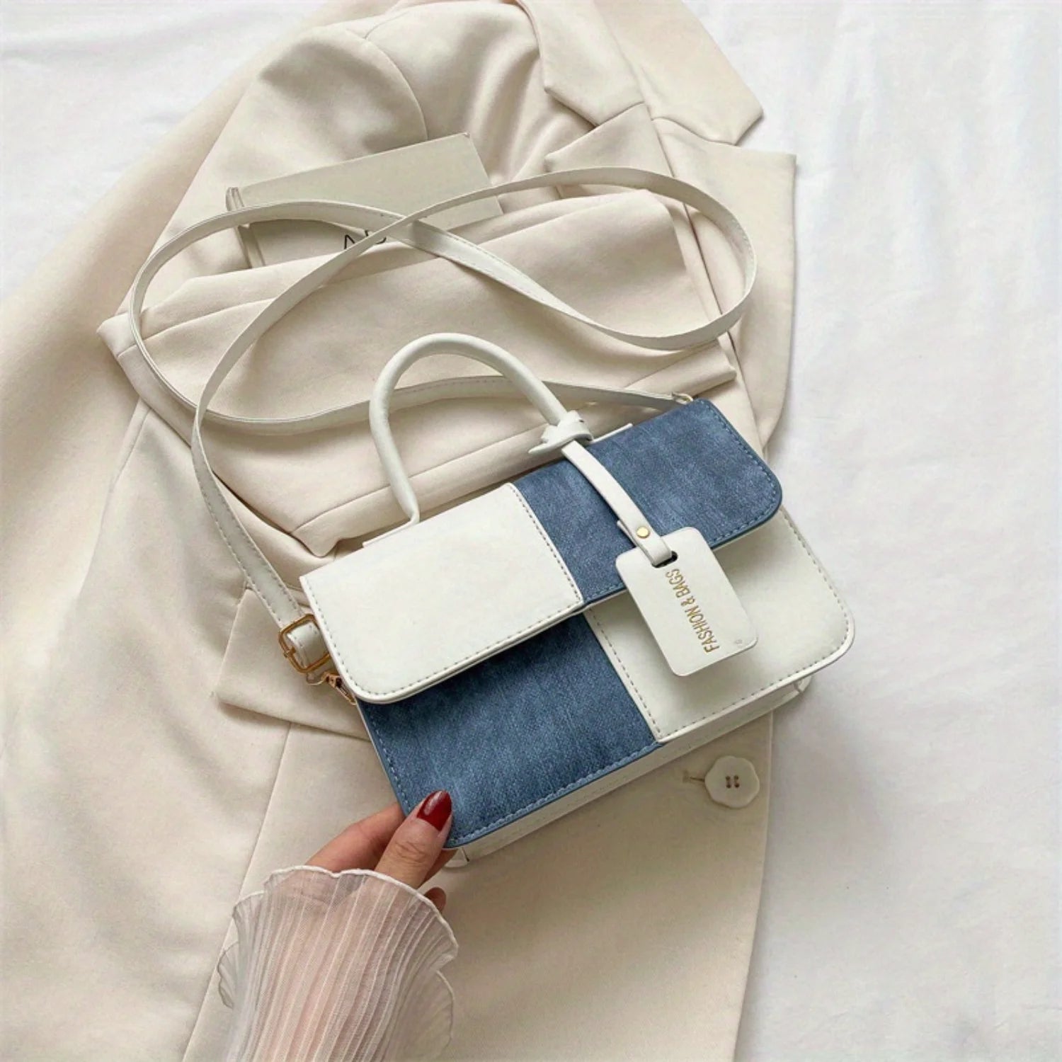 Chic Colorblock Square Top Handle Handbag for Women, Stylish Flap Shoulder Purse with Novelty Design, Fashionable PU Leather Bag